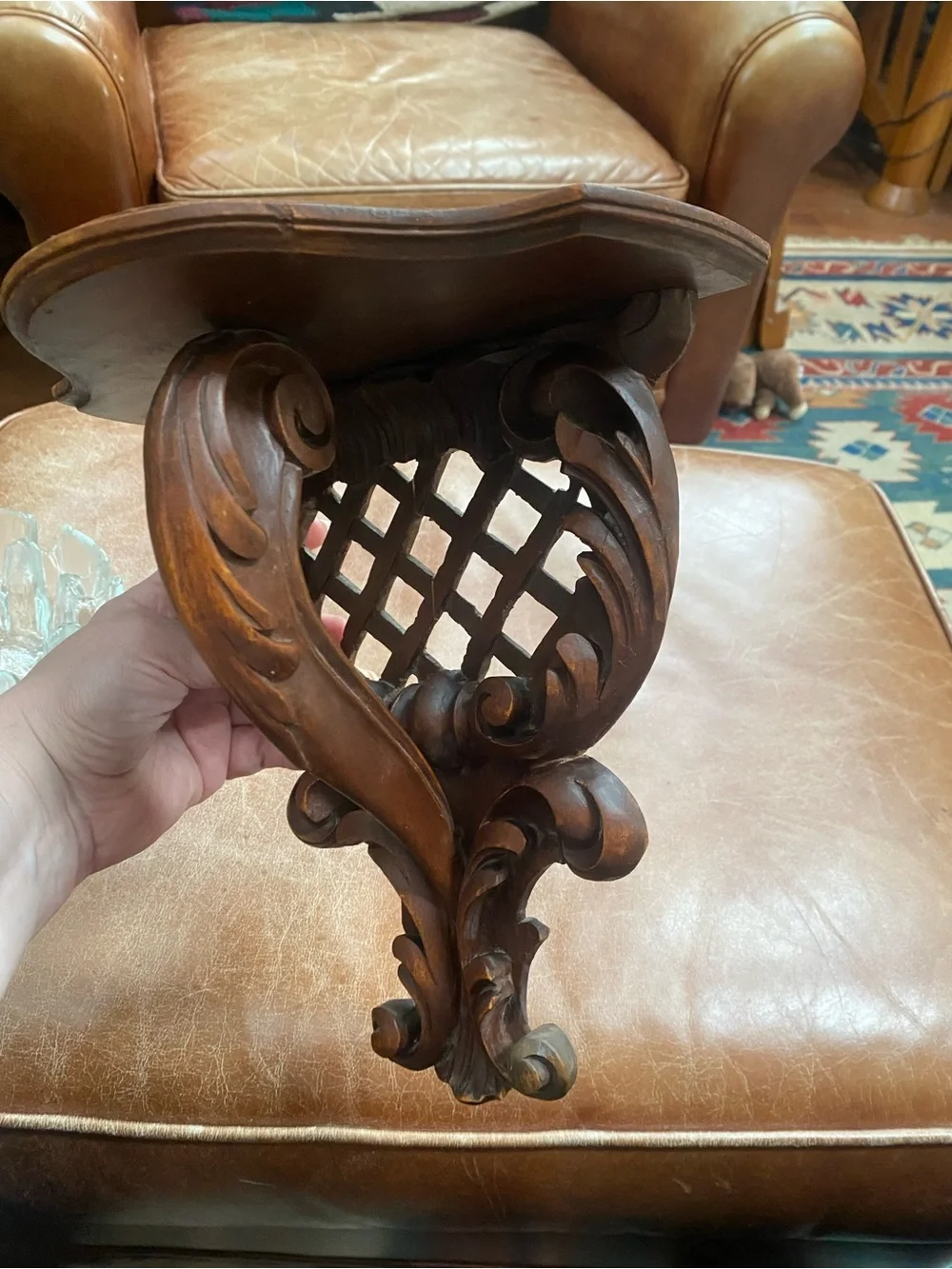 Vintage Hand-Carved Wooden Wall Bracket Shelf scroll detail